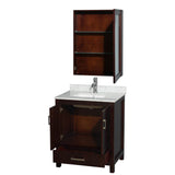 Sheffield 30 Inch Single Bathroom Vanity in Espresso, White Carrara Marble Countertop, Undermount Square Sink, and Medicine Cabinet