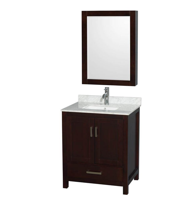 Wyndham Collection - Sheffield 30 Inch Single Bathroom Vanity in Espresso, White Carrara Marble Countertop, Undermount Square Sink, and Medicine Cabinet - Espresso