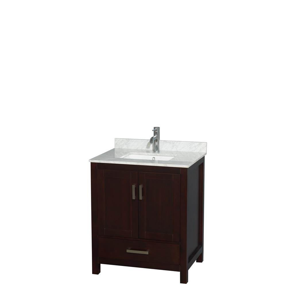 Wyndham Collection - Sheffield 30 Inch Single Bathroom Vanity in Espresso, White Carrara Marble Countertop, Undermount Square Sink, and No Mirror - Espresso