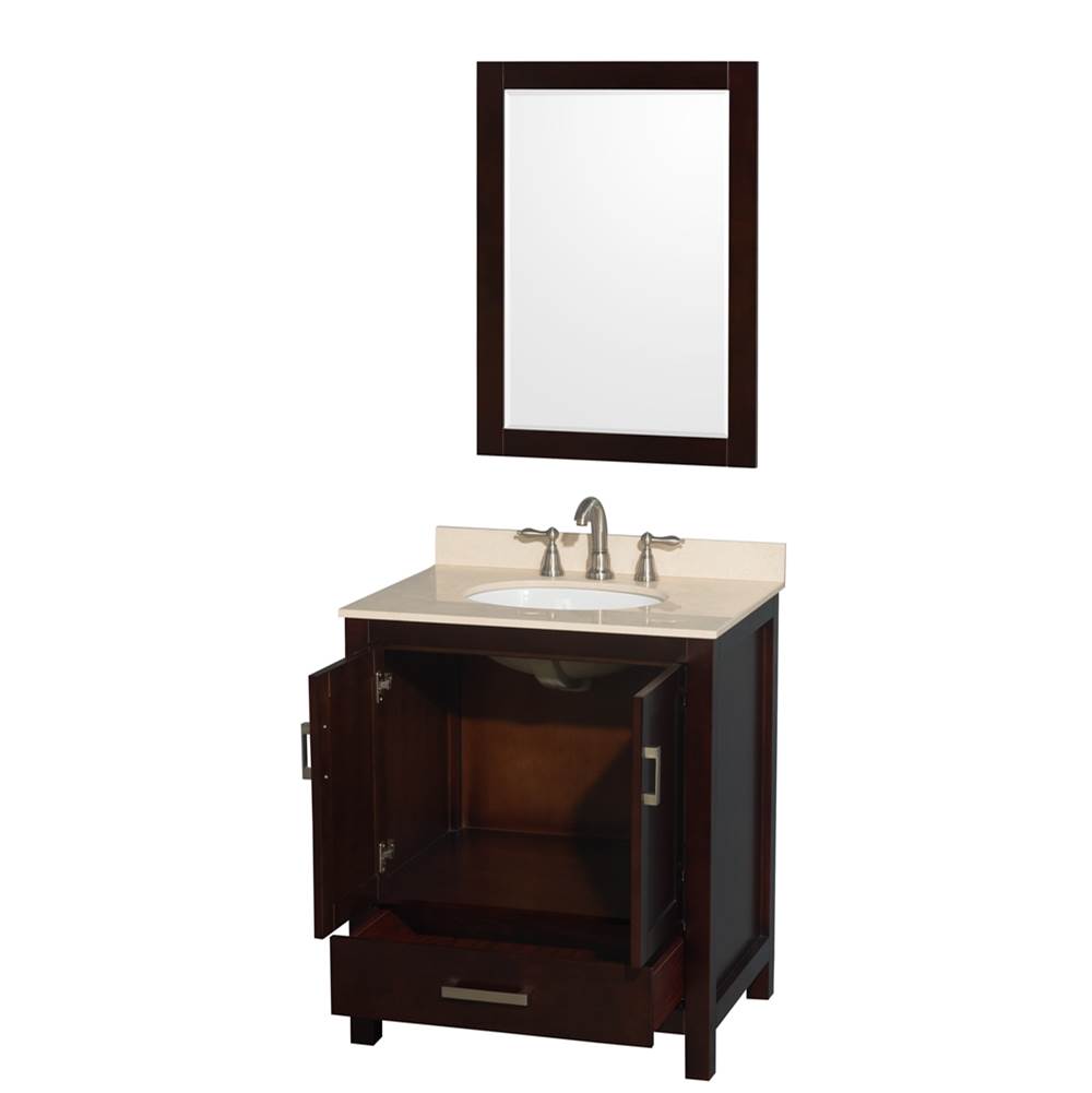 Sheffield 30 Inch Single Bathroom Vanity in Espresso, Ivory Marble Countertop, Undermount Oval Sink, and 24 Inch Mirror
