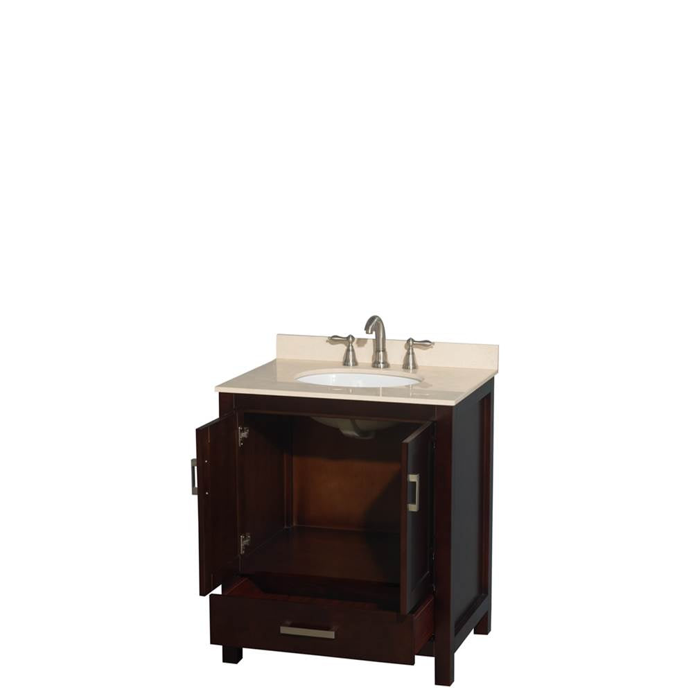 Sheffield 30 Inch Single Bathroom Vanity in Espresso, Ivory Marble Countertop, Undermount Oval Sink, and No Mirror