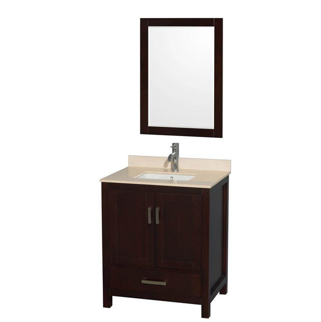 Wyndham Collection - Sheffield 30 Inch Single Bathroom Vanity in Espresso, Ivory Marble Countertop, Undermount Square Sink, and 24 Inch Mirror - Espresso
