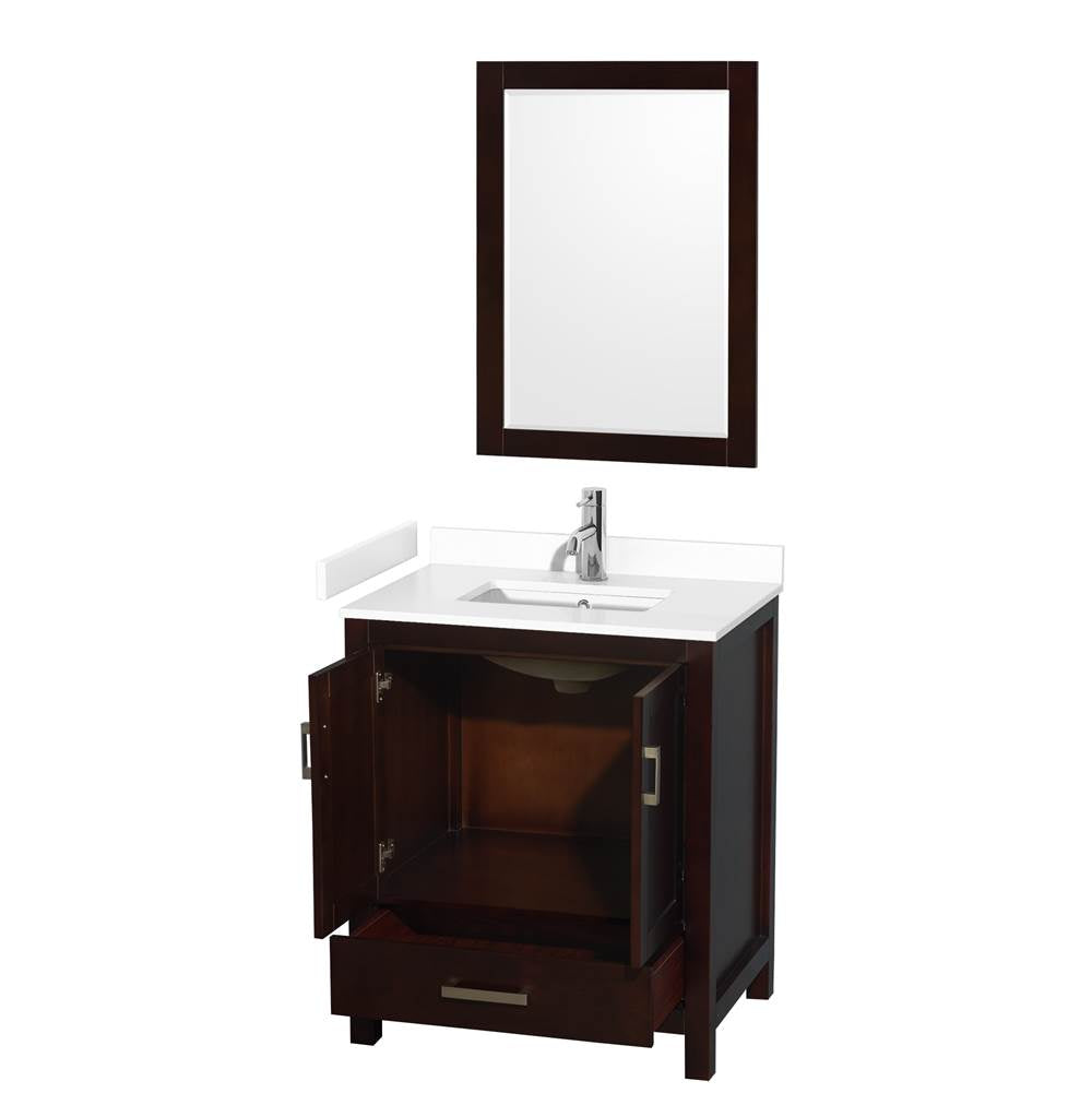 Sheffield 30 Inch Single Bathroom Vanity in Espresso, White Cultured Marble Countertop, Undermount Square Sink, 24 Inch Mirror