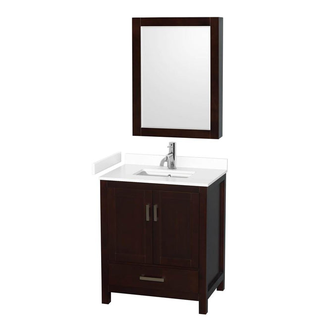 Wyndham Collection - Sheffield 30 Inch Single Bathroom Vanity in Espresso, White Cultured Marble Countertop, Undermount Square Sink, Medicine Cabinet