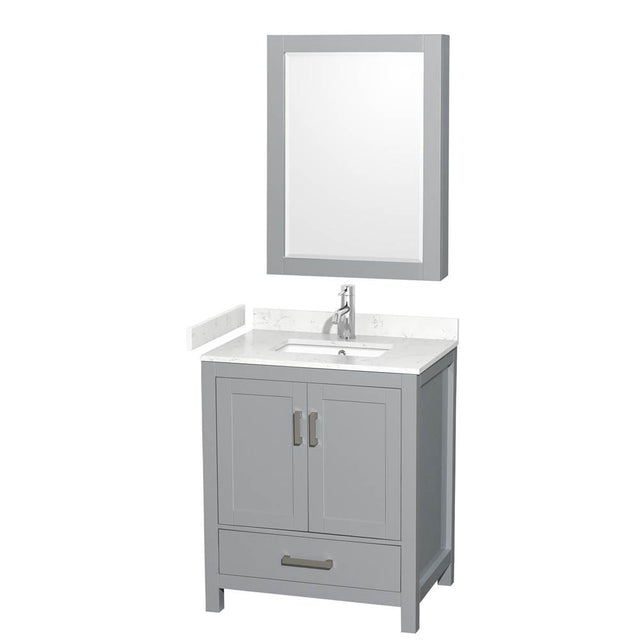 Wyndham Collection - Sheffield 30 Inch Single Bathroom Vanity in Gray, Carrara Cultured Marble Countertop, Undermount Square Sink, Medicine Cabinet