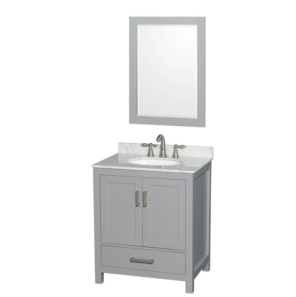 Wyndham Collection - Sheffield 30 Inch Single Bathroom Vanity in Gray, White Carrara Marble Countertop, Undermount Oval Sink, and 24 Inch Mirror - Gray
