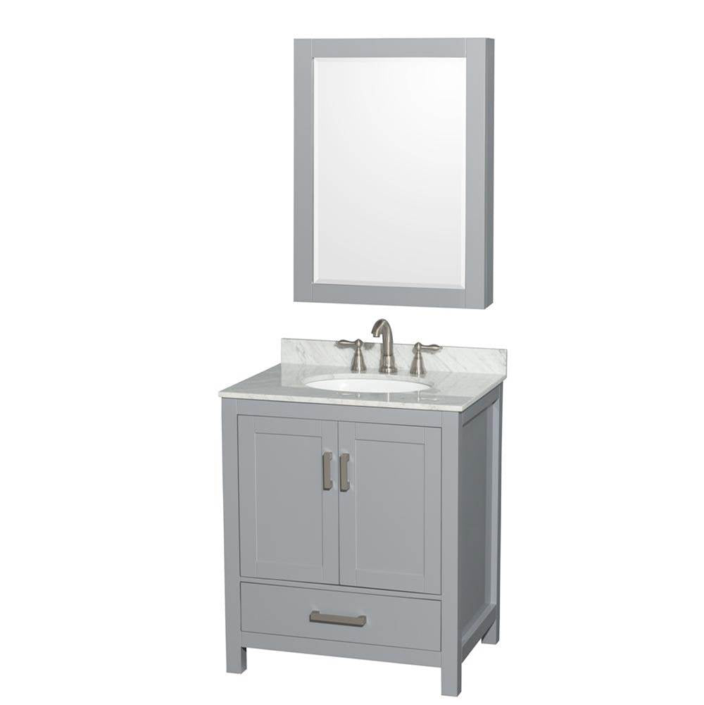Wyndham Collection - Sheffield 30 Inch Single Bathroom Vanity in Gray, White Carrara Marble Countertop, Undermount Oval Sink, and Medicine Cabinet - Gray