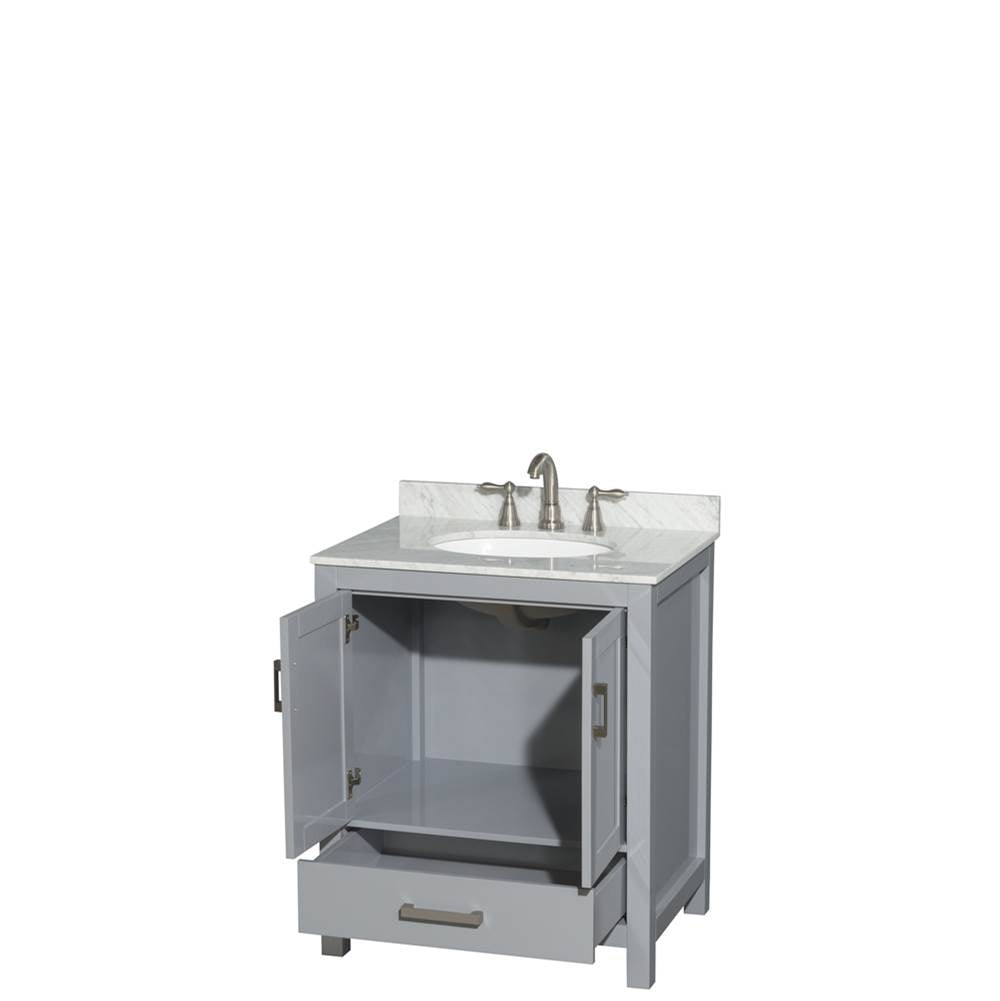 Sheffield 30 Inch Single Bathroom Vanity in Espresso, White Carrara Marble Countertop, Undermount Oval Sink, and No Mirror