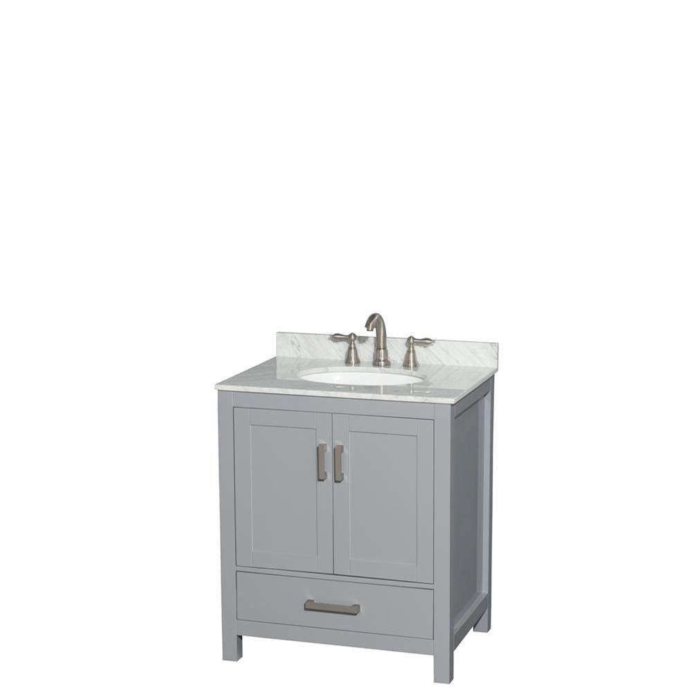Wyndham Collection - Sheffield 30 Inch Single Bathroom Vanity in Gray, White Carrara Marble Countertop, Undermount Oval Sink, and No Mirror - Gray