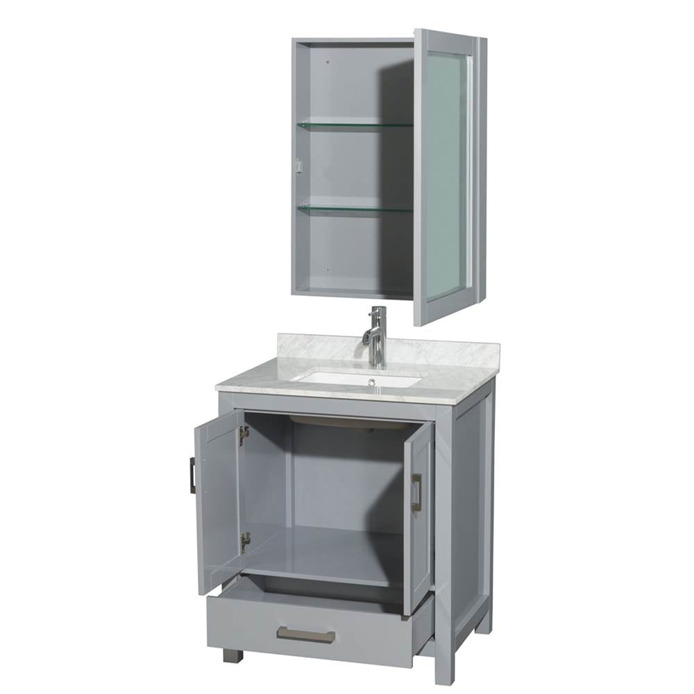 Sheffield 30 Inch Single Bathroom Vanity in Espresso, White Carrara Marble Countertop, Undermount Square Sink, and Medicine Cabinet
