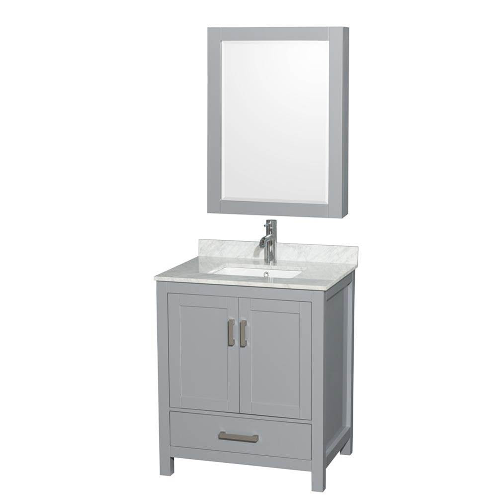 Wyndham Collection - Sheffield 30 Inch Single Bathroom Vanity in Gray, White Carrara Marble Countertop, Undermount Square Sink, and Medicine Cabinet - Gray