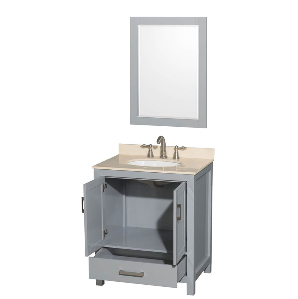 Sheffield 30 Inch Single Bathroom Vanity in Espresso, Ivory Marble Countertop, Undermount Oval Sink, and 24 Inch Mirror