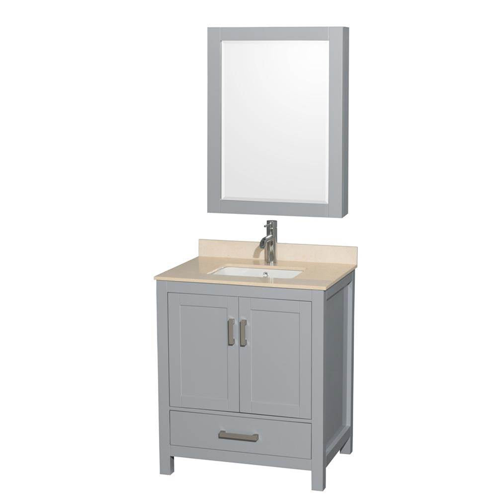 Wyndham Collection - Sheffield 30 Inch Single Bathroom Vanity in Gray, Ivory Marble Countertop, Undermount Square Sink, and Medicine Cabinet - Gray