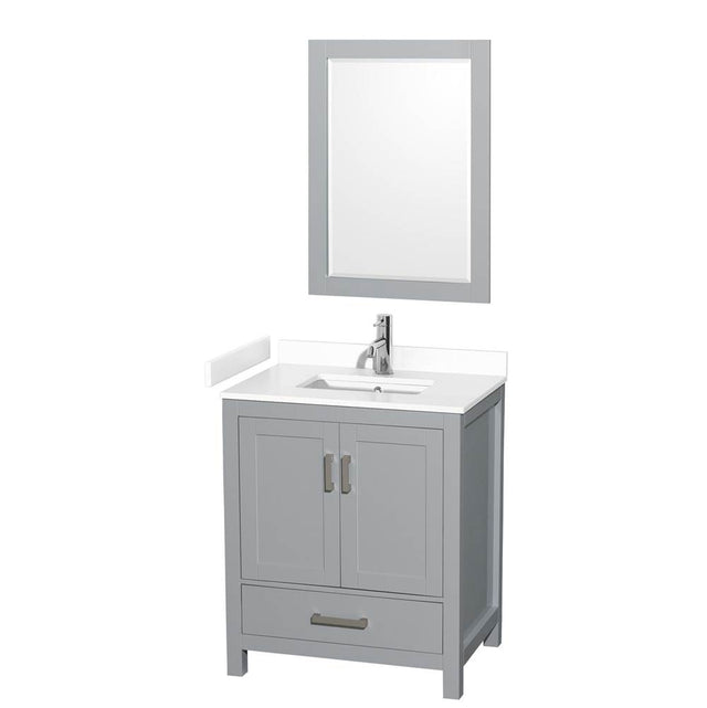 Wyndham Collection - Sheffield 30 Inch Single Bathroom Vanity in Gray, White Cultured Marble Countertop, Undermount Square Sink, 24 Inch Mirror