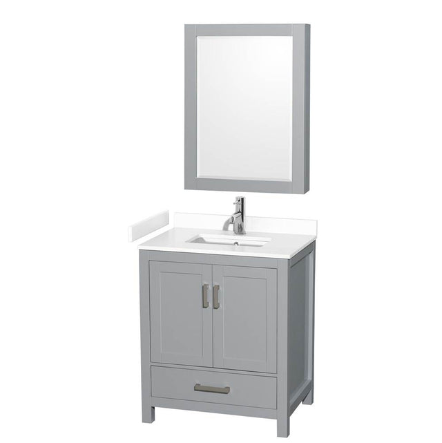 Wyndham Collection - Sheffield 30 Inch Single Bathroom Vanity in Gray, White Cultured Marble Countertop, Undermount Square Sink, Medicine Cabinet