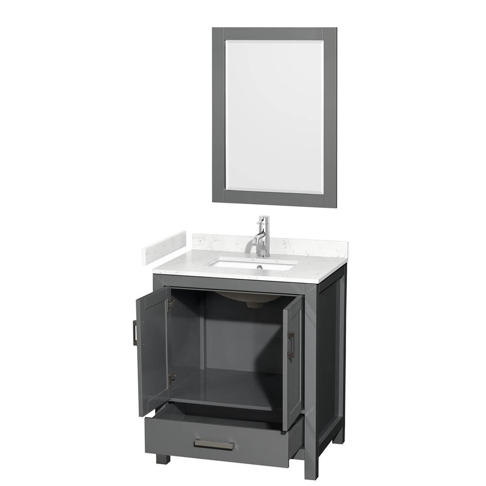 Sheffield 30 Inch Single Bathroom Vanity in Dark Gray, Carrara Cultured Marble Countertop, Undermount Square Sink, 24 Inch Mirror