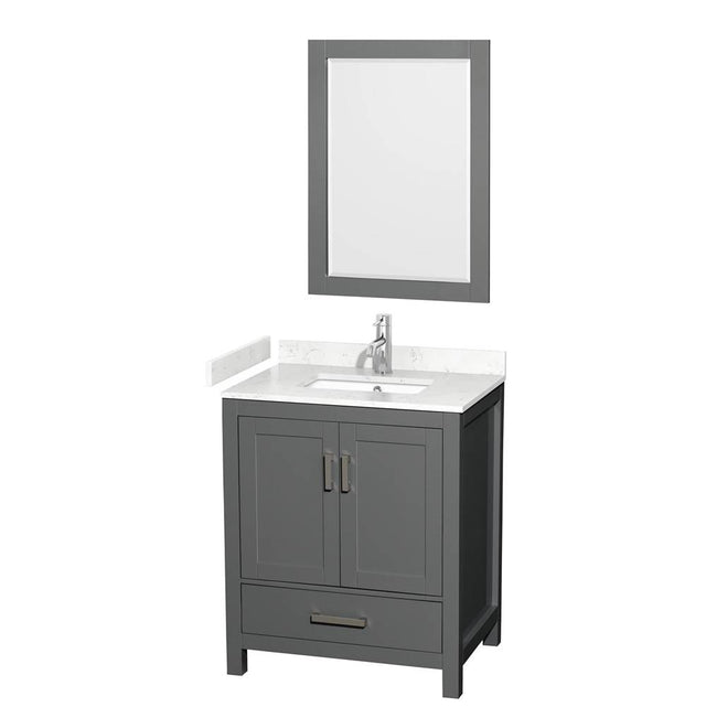 Wyndham Collection - Sheffield 30 Inch Single Bathroom Vanity in Dark Gray, Carrara Cultured Marble Countertop, Undermount Square Sink, 24 Inch Mirror