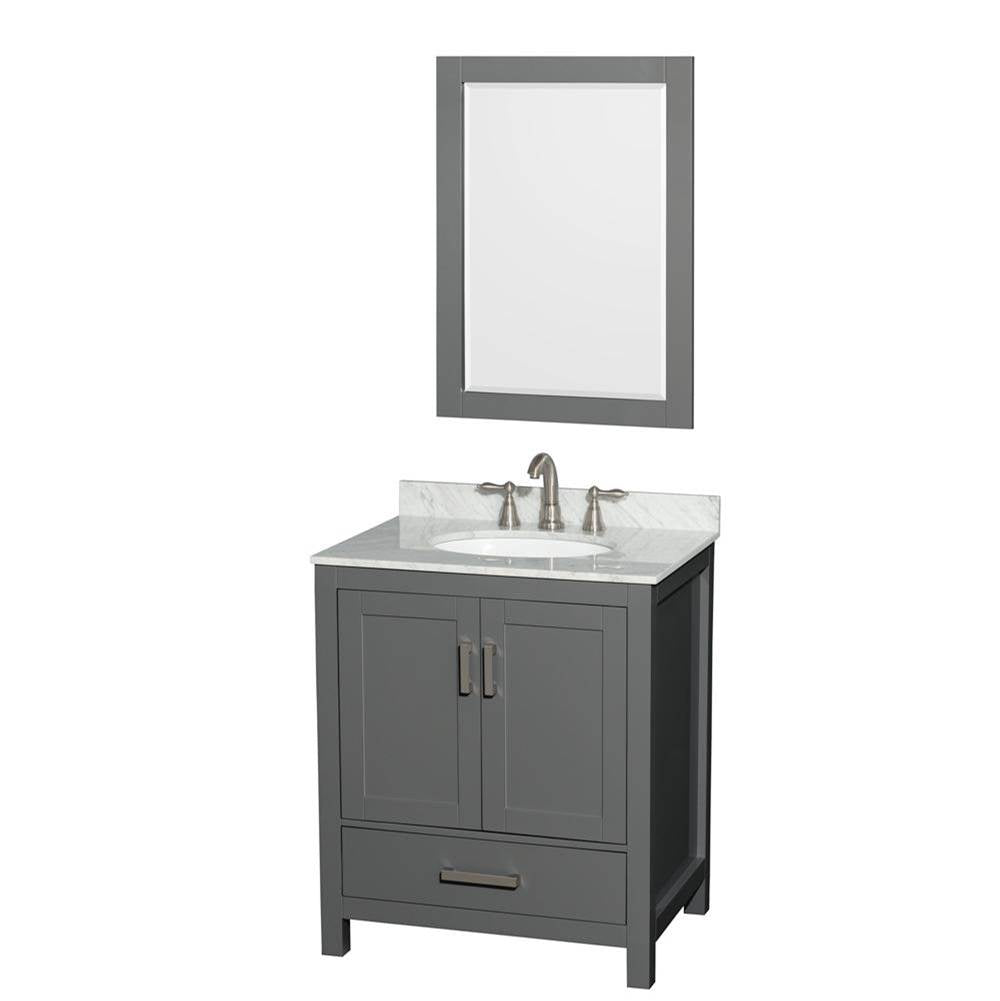 Wyndham Collection - Sheffield 30 Inch Single Bathroom Vanity in Dark Gray, White Carrara Marble Countertop, Undermount Oval Sink, and 24 Inch Mirror - Dark Gray