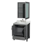 Sheffield 30 Inch Single Bathroom Vanity in Espresso, White Carrara Marble Countertop, Undermount Oval Sink, and Medicine Cabinet