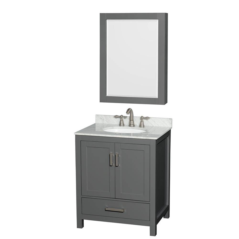 Wyndham Collection - Sheffield 30 Inch Single Bathroom Vanity in Dark Gray, White Carrara Marble Countertop, Undermount Oval Sink, and Medicine Cabinet - Dark Gray