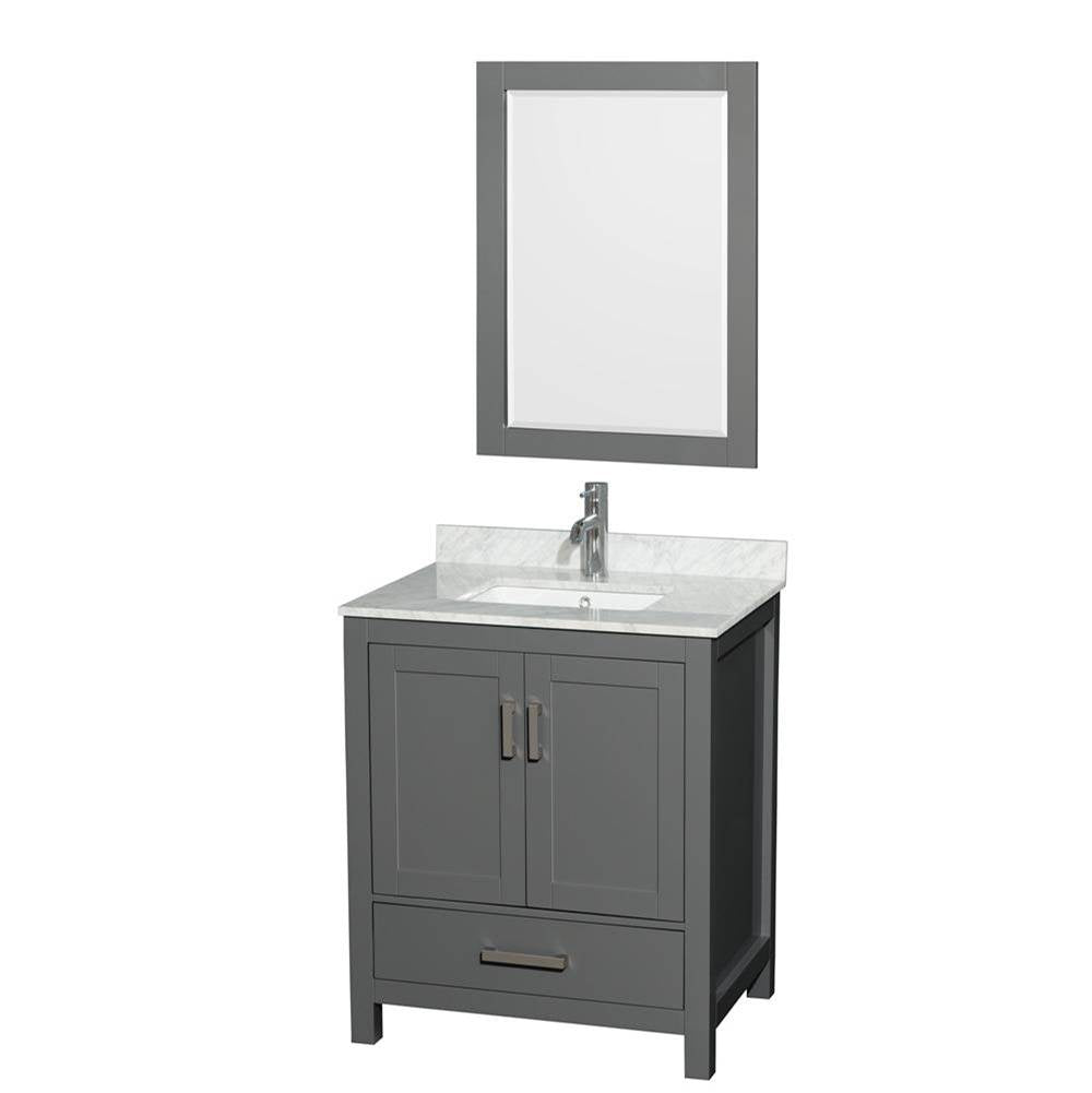 Wyndham Collection - Sheffield 30 Inch Single Bathroom Vanity in Dark Gray, White Carrara Marble Countertop, Undermount Square Sink, and 24 Inch Mirror - Dark Gray