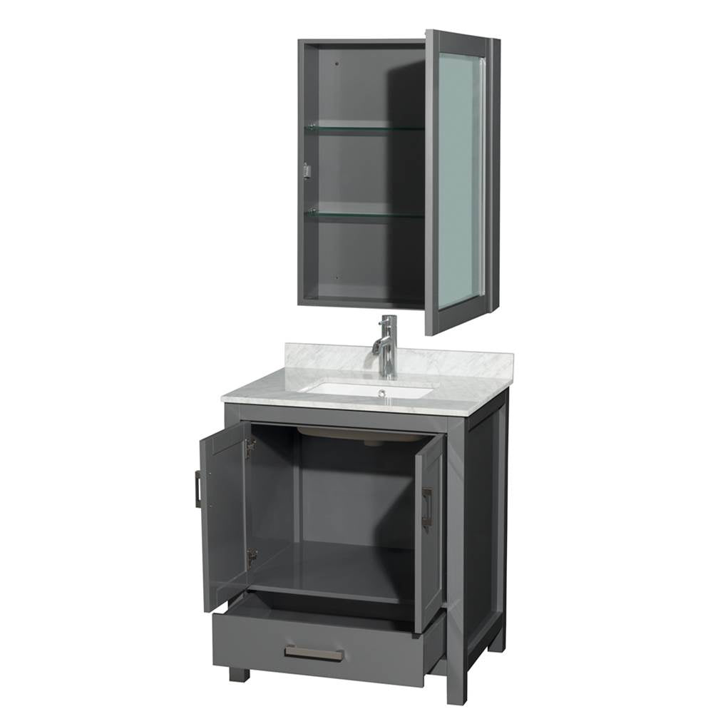 Sheffield 30 Inch Single Bathroom Vanity in Espresso, White Carrara Marble Countertop, Undermount Square Sink, and Medicine Cabinet