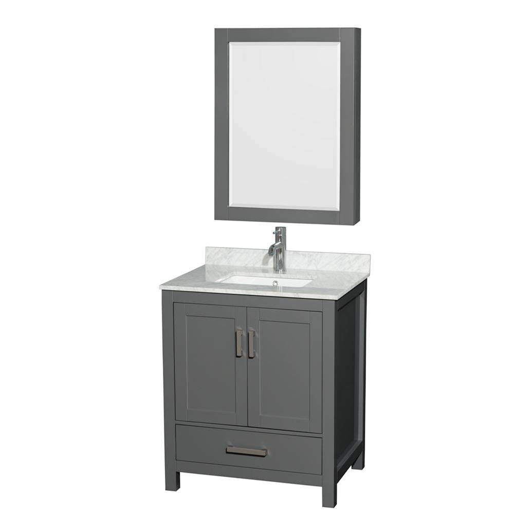 Wyndham Collection - Sheffield 30 Inch Single Bathroom Vanity in Dark Gray, White Carrara Marble Countertop, Undermount Square Sink, and Medicine Cabinet - Dark Gray