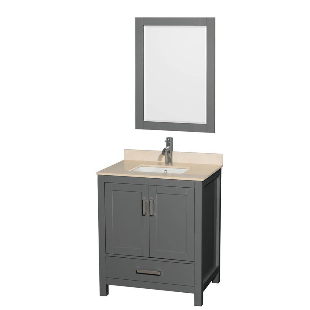 Wyndham Collection - Sheffield 30 Inch Single Bathroom Vanity in Dark Gray, Ivory Marble Countertop, Undermount Square Sink, and 24 Inch Mirror - Dark Gray