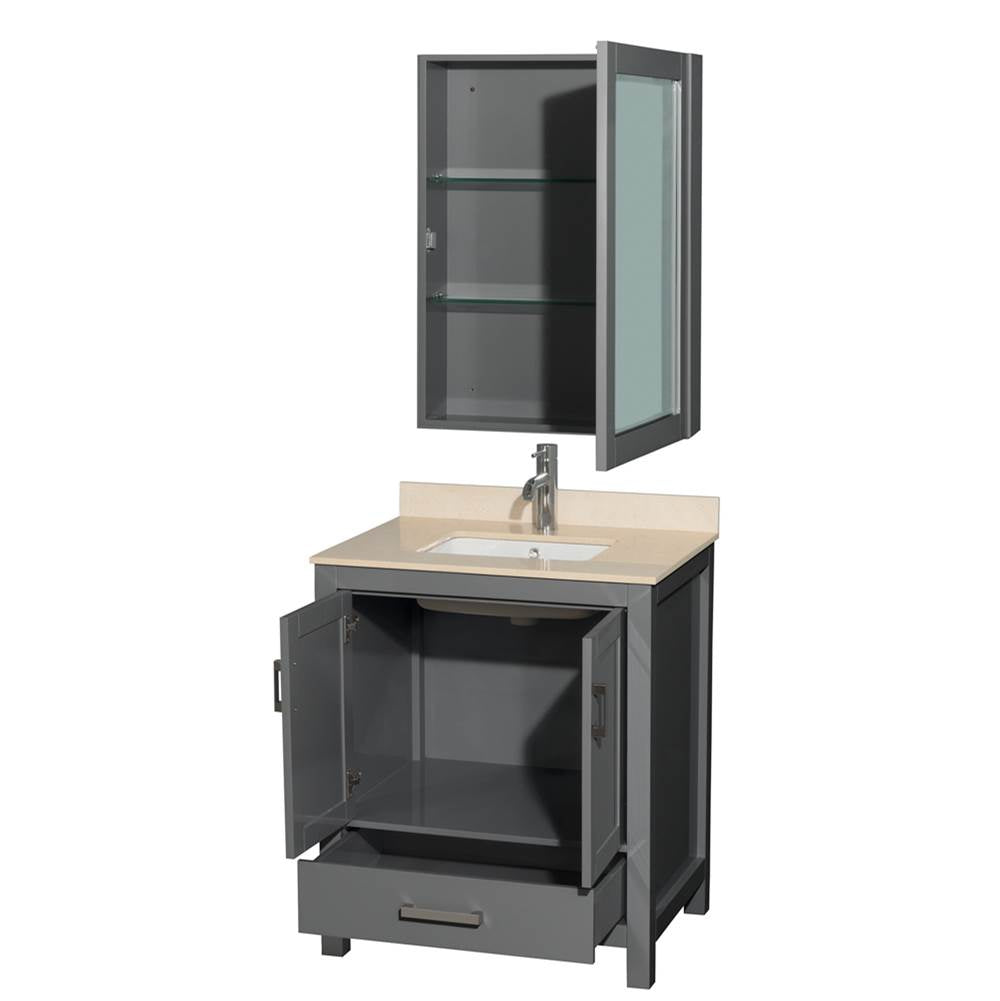 Sheffield 30 Inch Single Bathroom Vanity in Espresso, Ivory Marble Countertop, Undermount Square Sink, and Medicine Cabinet