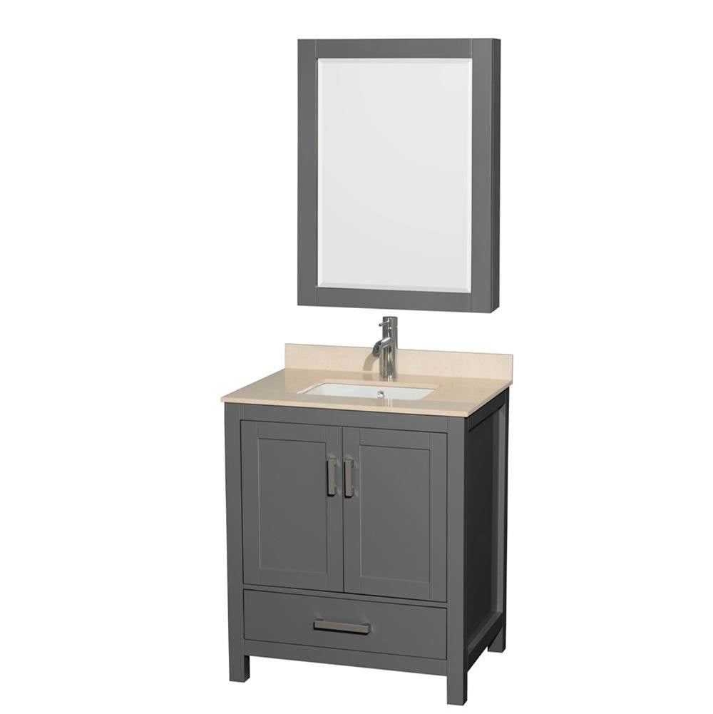 Wyndham Collection - Sheffield 30 Inch Single Bathroom Vanity in Dark Gray, Ivory Marble Countertop, Undermount Square Sink, and Medicine Cabinet - Dark Gray