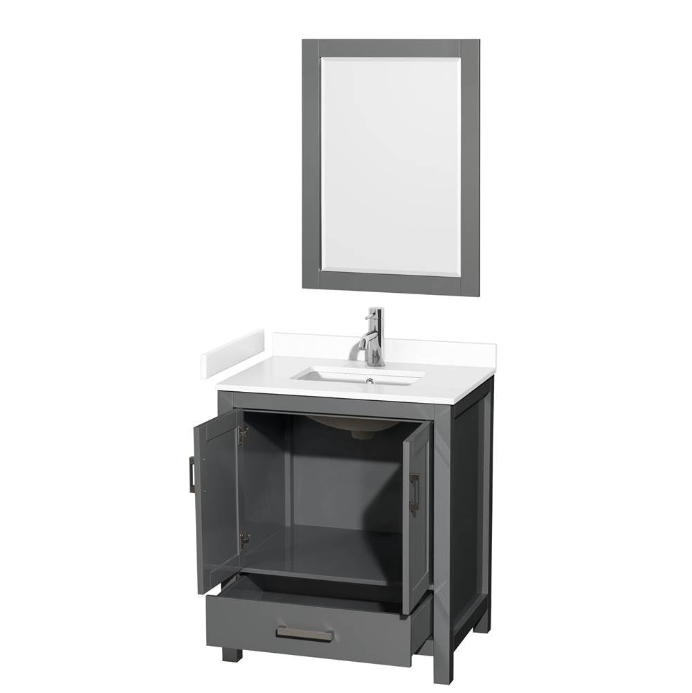 Sheffield 30 Inch Single Bathroom Vanity in Dark Gray, White Cultured Marble Countertop, Undermount Square Sink, 24 Inch Mirror