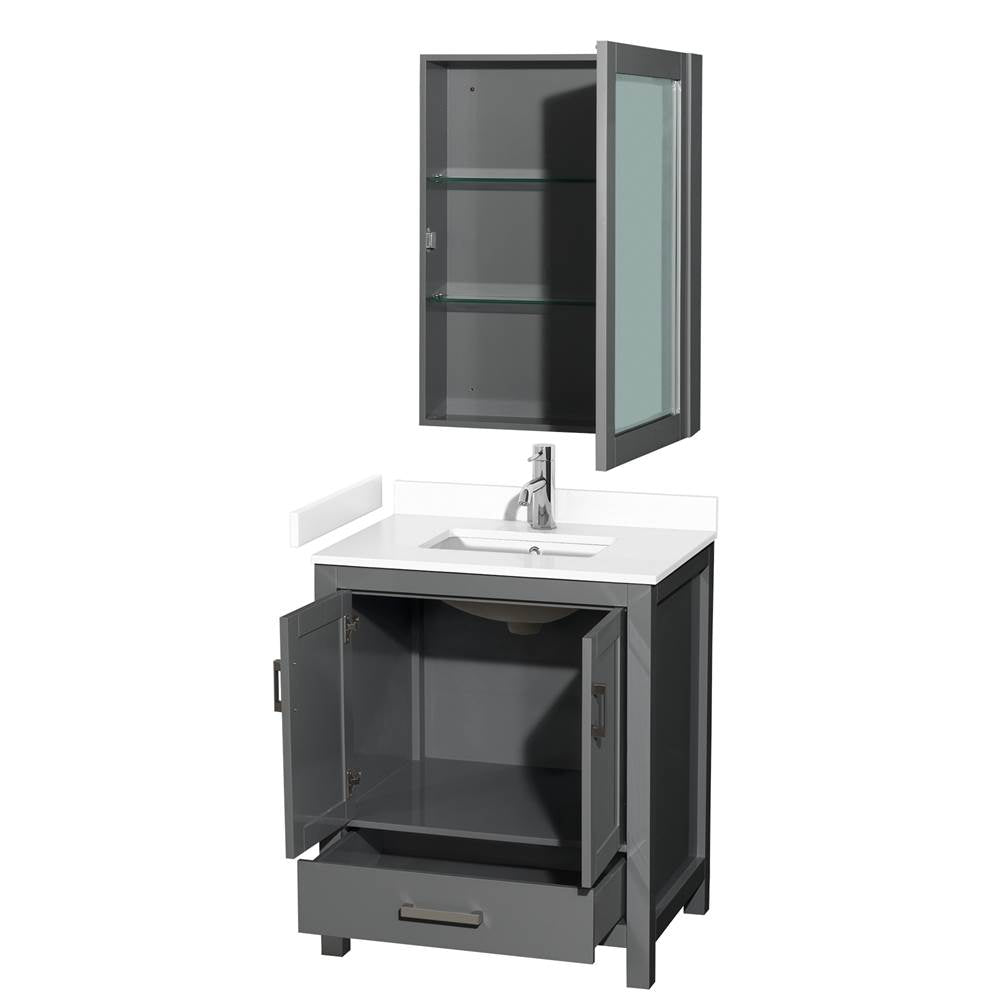 Sheffield 30 Inch Single Bathroom Vanity in Dark Gray, White Cultured Marble Countertop, Undermount Square Sink, Medicine Cabinet