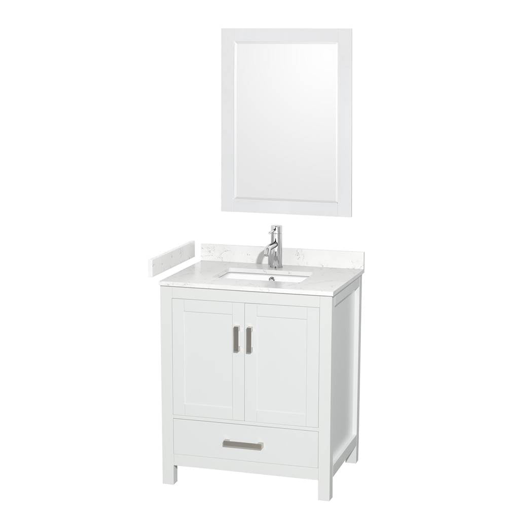 Wyndham Collection - Sheffield 30 Inch Single Bathroom Vanity in White, Carrara Cultured Marble Countertop, Undermount Square Sink, 24 Inch Mirror