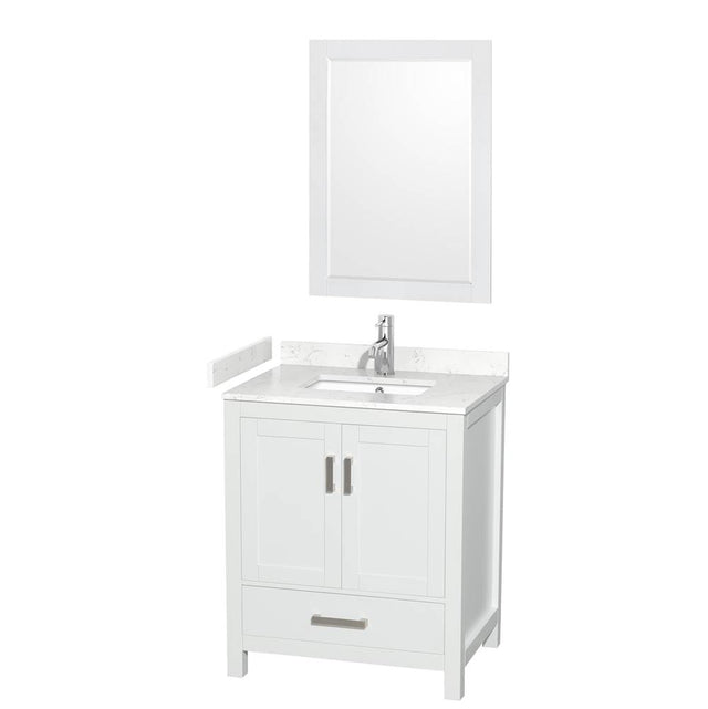 Wyndham Collection - Sheffield 30 Inch Single Bathroom Vanity in White, Carrara Cultured Marble Countertop, Undermount Square Sink, 24 Inch Mirror