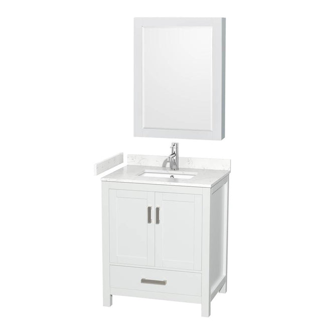 Wyndham Collection - Sheffield 30 Inch Single Bathroom Vanity in White, Carrara Cultured Marble Countertop, Undermount Square Sink, Medicine Cabinet
