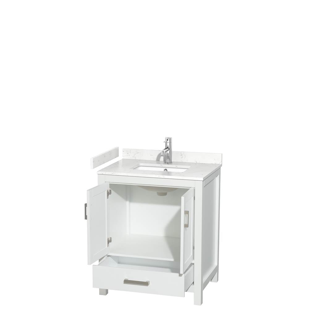Sheffield 30 Inch Single Bathroom Vanity in White, Carrara Cultured Marble Countertop, Undermount Square Sink, No Mirror