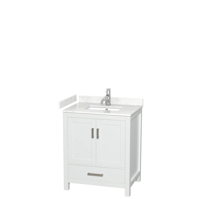 Wyndham Collection - Sheffield 30 Inch Single Bathroom Vanity in White, Carrara Cultured Marble Countertop, Undermount Square Sink, No Mirror