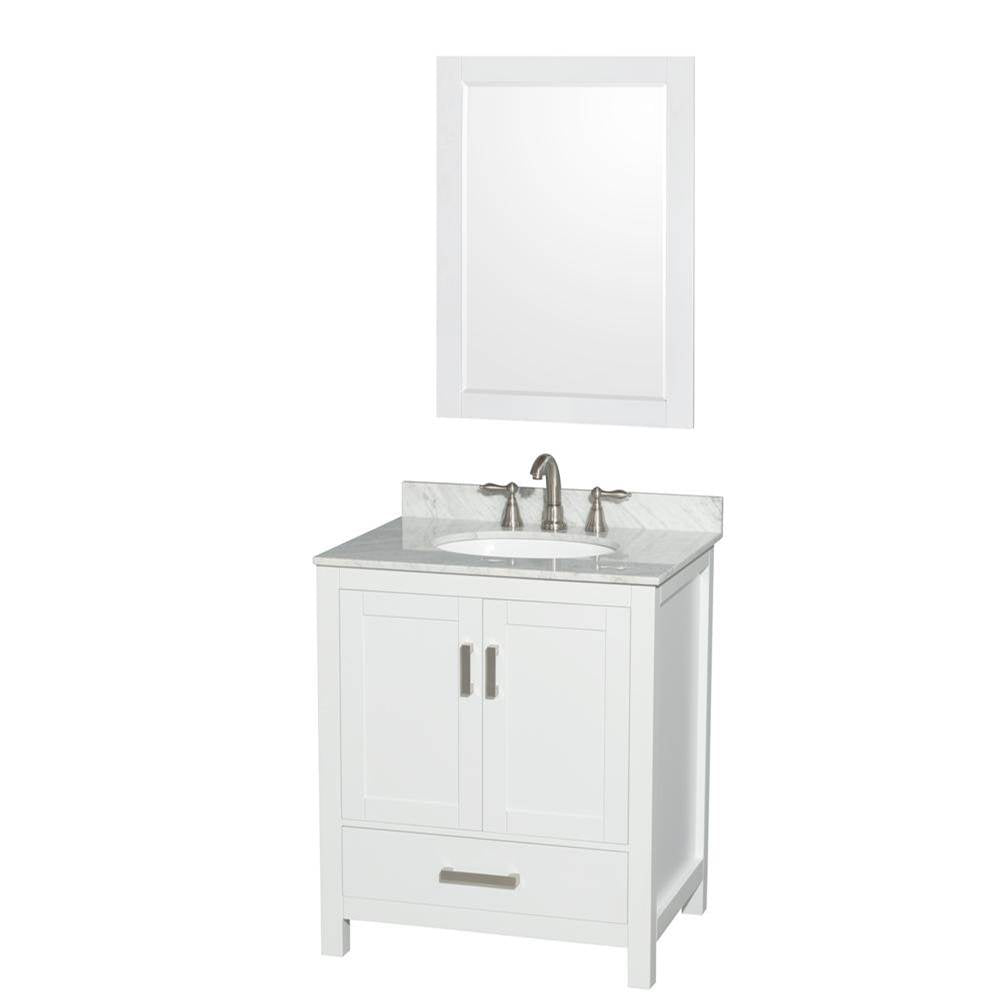 Wyndham Collection - Sheffield 30 Inch Single Bathroom Vanity in White, White Carrara Marble Countertop, Undermount Oval Sink, and 24 Inch Mirror - White