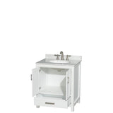 Sheffield 30 Inch Single Bathroom Vanity in Espresso, White Carrara Marble Countertop, Undermount Oval Sink, and No Mirror
