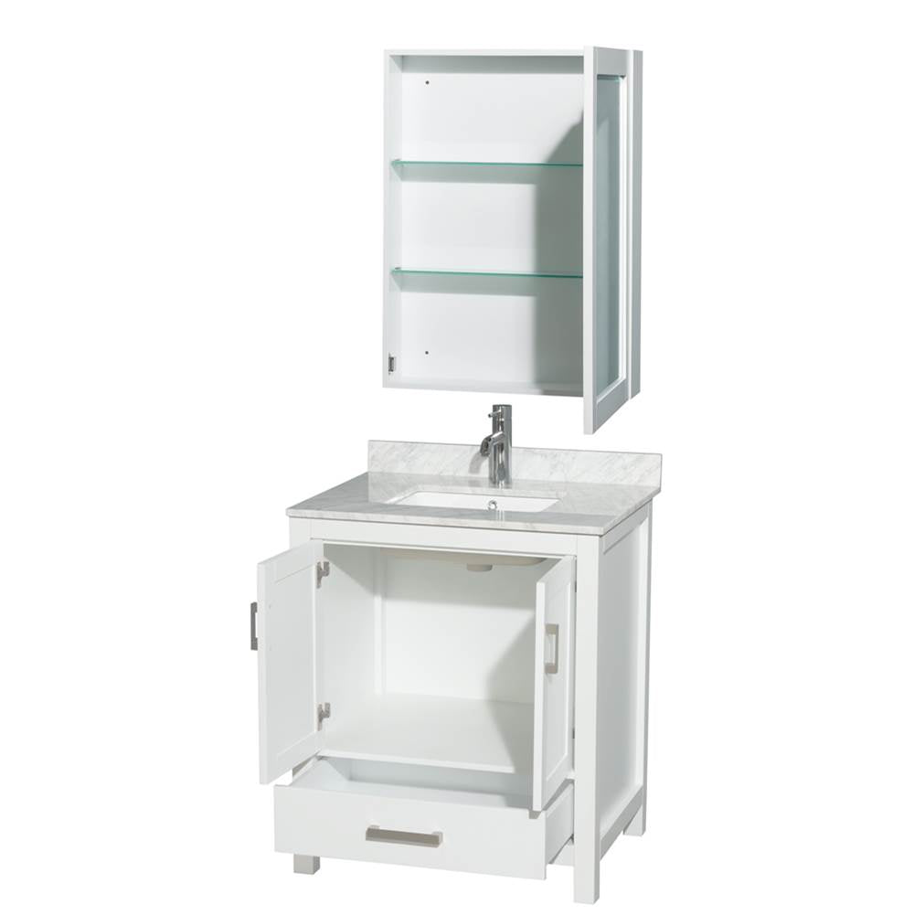 Sheffield 30 Inch Single Bathroom Vanity in Espresso, White Carrara Marble Countertop, Undermount Square Sink, and Medicine Cabinet