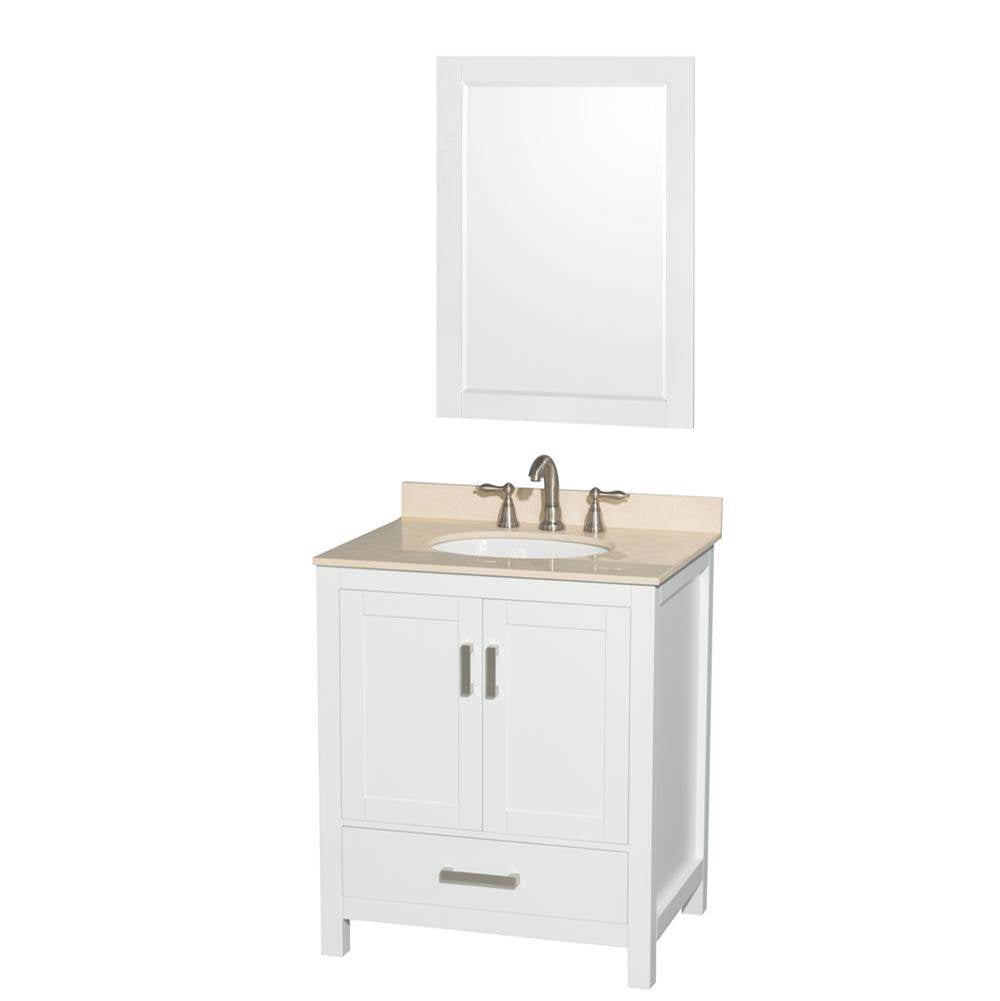 Wyndham Collection - Sheffield 30 Inch Single Bathroom Vanity in White, Ivory Marble Countertop, Undermount Oval Sink, and 24 Inch Mirror - White