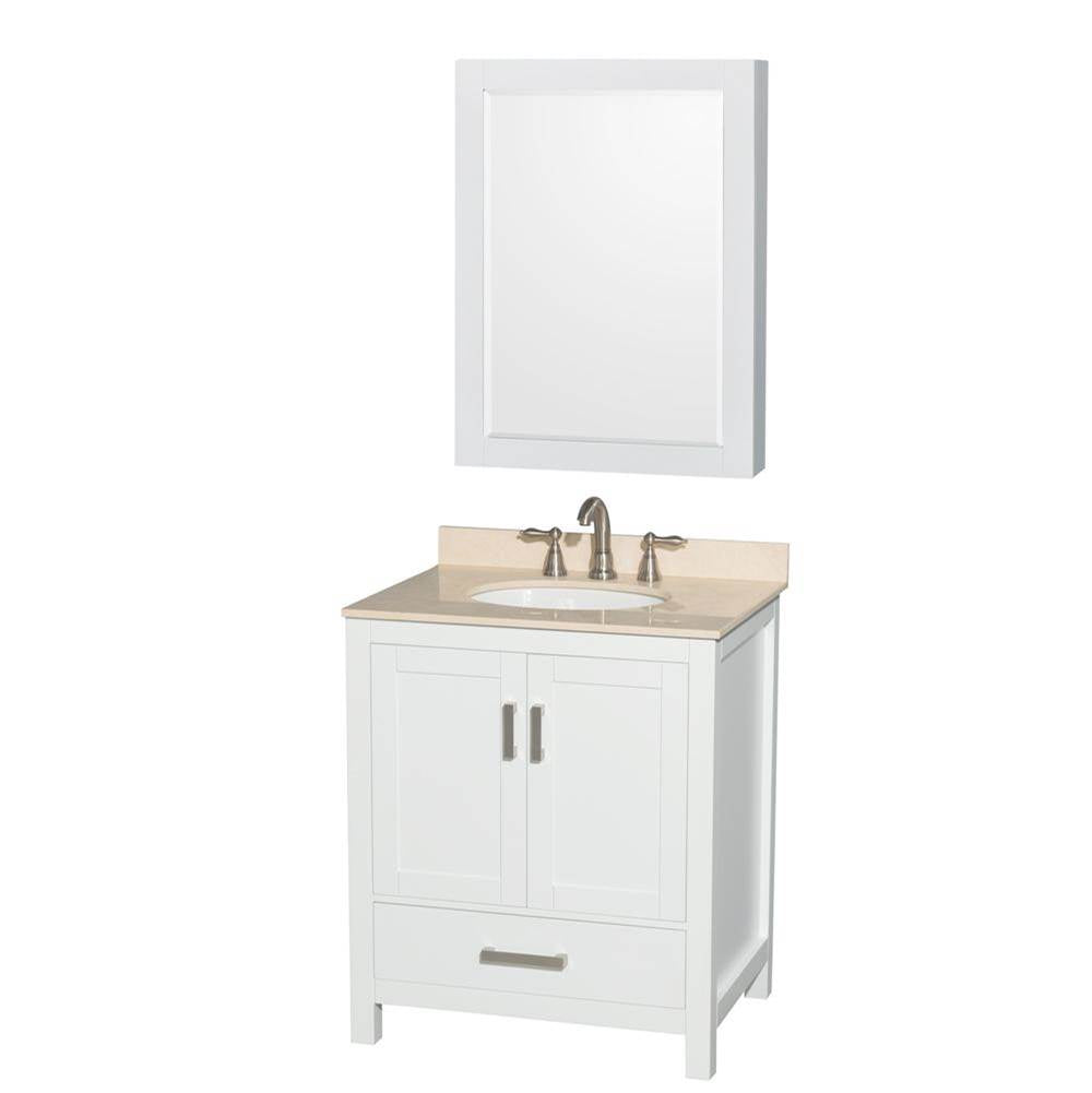 Wyndham Collection - Sheffield 30 Inch Single Bathroom Vanity in White, Ivory Marble Countertop, Undermount Oval Sink, and Medicine Cabinet - White