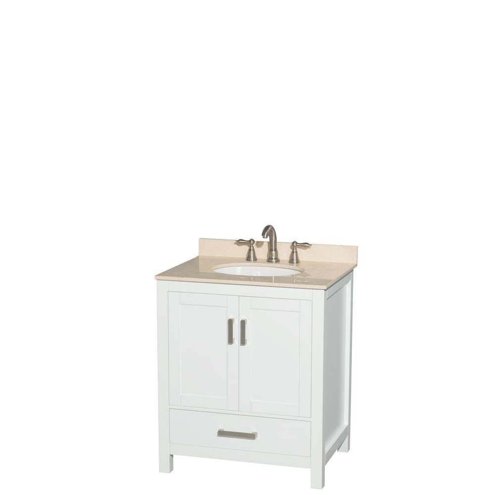 Wyndham Collection - Sheffield 30 Inch Single Bathroom Vanity in White, Ivory Marble Countertop, Undermount Oval Sink, and No Mirror - White