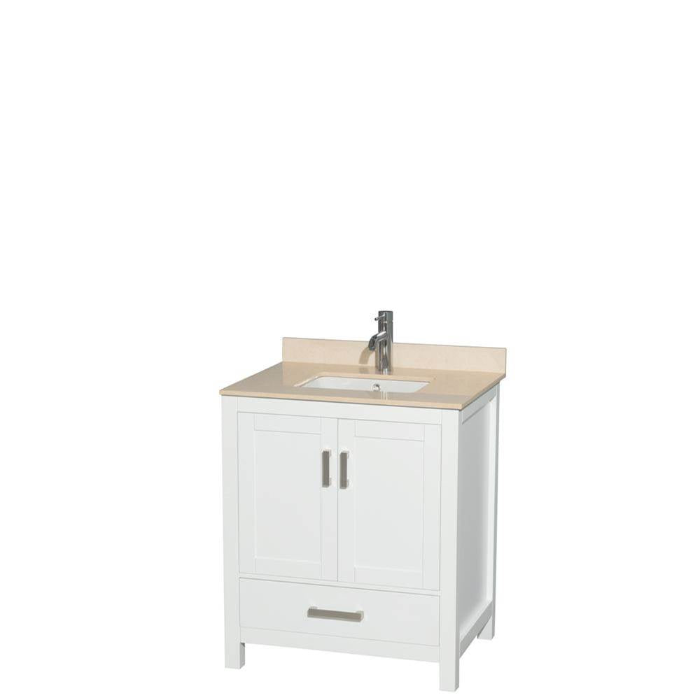 Wyndham Collection - Sheffield 30 Inch Single Bathroom Vanity in White, Ivory Marble Countertop, Undermount Square Sink, and No Mirror - White