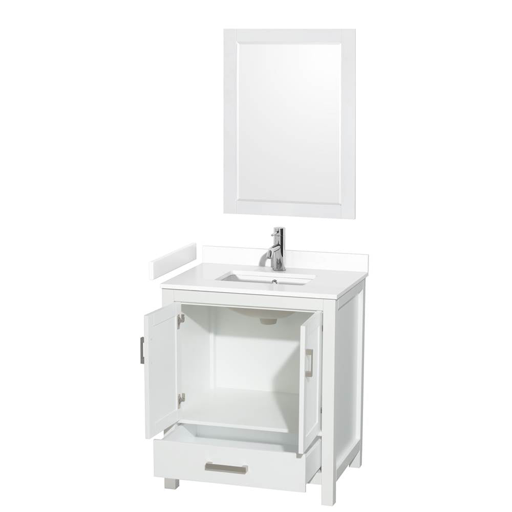 Sheffield 30 Inch Single Bathroom Vanity in White, White Cultured Marble Countertop, Undermount Square Sink, 24 Inch Mirror