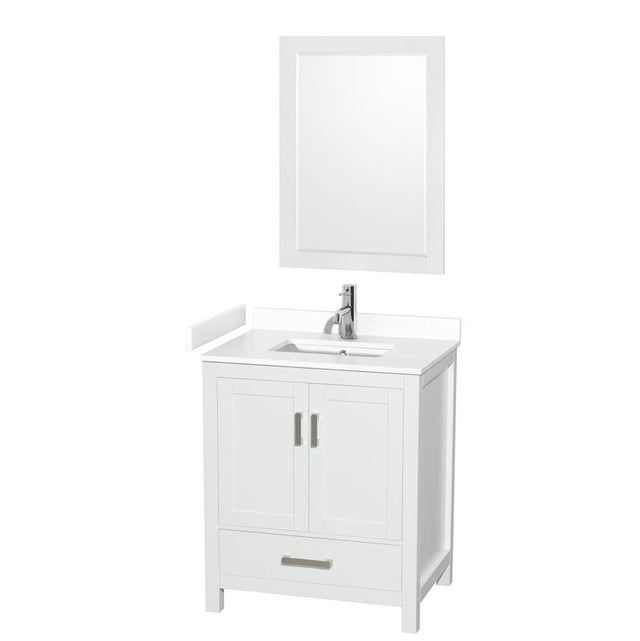 Wyndham Collection - Sheffield 30 Inch Single Bathroom Vanity in White, White Cultured Marble Countertop, Undermount Square Sink, 24 Inch Mirror