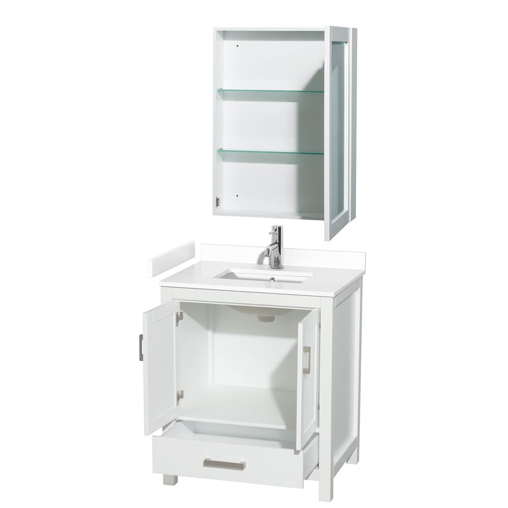 Sheffield 30 Inch Single Bathroom Vanity in White, White Cultured Marble Countertop, Undermount Square Sink, Medicine Cabinet