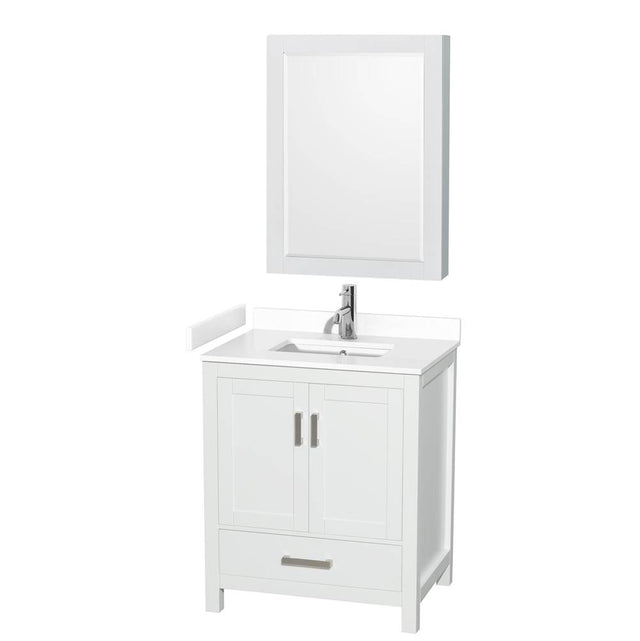 Wyndham Collection - Sheffield 30 Inch Single Bathroom Vanity in White, White Cultured Marble Countertop, Undermount Square Sink, Medicine Cabinet