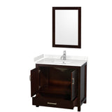 Sheffield 36 Inch Single Bathroom Vanity in Espresso, Carrara Cultured Marble Countertop, Undermount Square Sink, 24 Inch Mirror