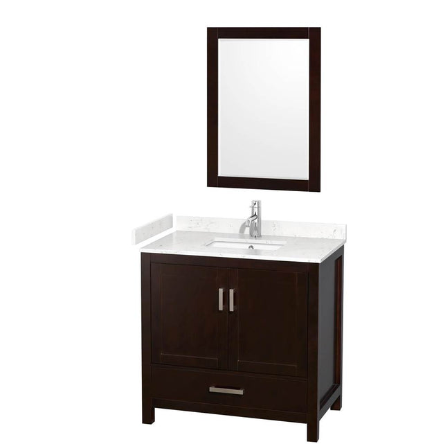 Wyndham Collection - Sheffield 36 Inch Single Bathroom Vanity in Espresso, Carrara Cultured Marble Countertop, Undermount Square Sink, 24 Inch Mirror